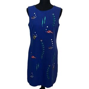 Vintage Sheath Dress Embroidered Fish Animal Aquarium Blue Summer Size 8 Medium